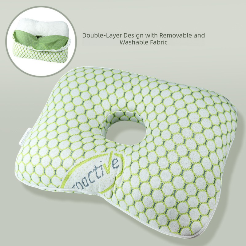 Green Ergonomic Ear Pillow with Hole for Side Sleepers - Pressure Relief Cushion for Ear Pain, Piercings & CNH - Washable Cover