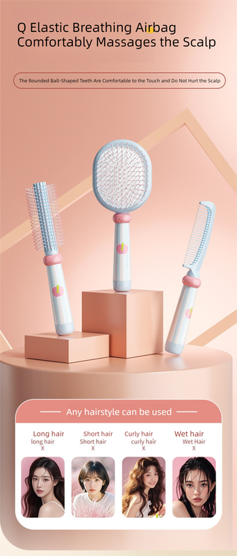 Blue 3-Piece Aesthetic Hair Brush Set - Detangling Air Cushion & Volumising Roller Comb with Hidden Cleaning Claw - Scalp Massage Styling Kit