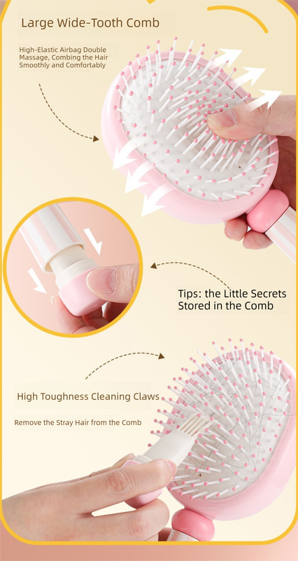 Pink 3-Piece Aesthetic Hair Brush Set - Detangling Air Cushion & Volumising Roller Comb with Hidden Cleaning Claw - Scalp Massage Styling Kit