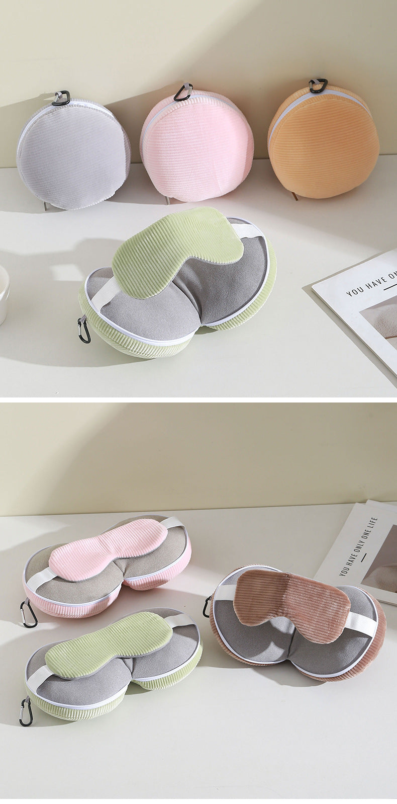 Brown and Grey 3-in-1 Foldable Sleep Eye Mask with Neck Pillow - Compact Travel Pillow for Airplane, Office Naps and Restful Sleep