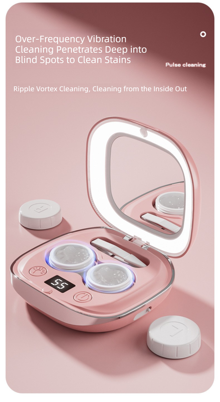 Purple Portable Sonic Wave Contact Lens Cleaner with LED Makeup Mirror - Automatic Electric Lens Cleaning Case for Daily Use