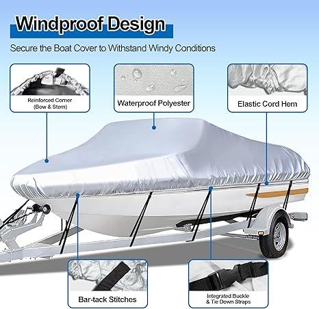 Black Heavy Duty Waterproof Tarp Covers with Storage Bag, Fits V-Hull, Fish&Ski, Pro-Style, Fishing, Runabout, Bass Boats, 17-19FT(600cm*310cm)