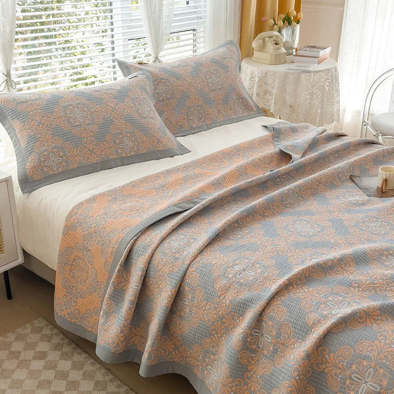 Grey and Orange Cotton Three-Layer Gauze Bed Cover Set - Reversible Vintage Printed Blanket with Two Pillowcases for Year-Round Use(120*150cm)