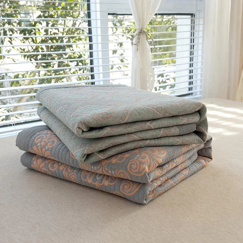 Grey and Green Cotton Three-Layer Gauze Bed Cover Set - Reversible Vintage Printed Blanket with Two Pillowcases for Year-Round Use(150*200cm)