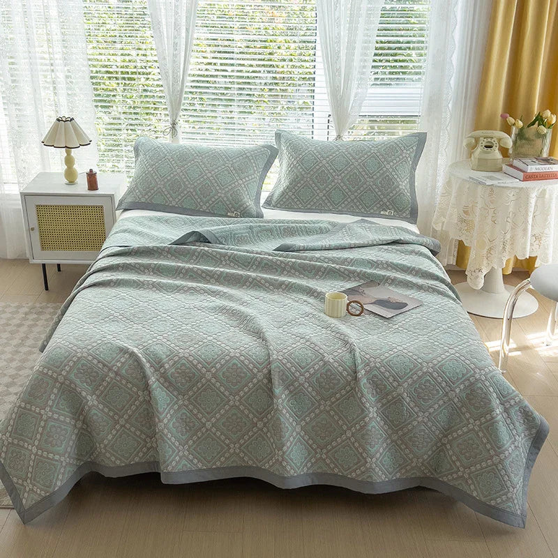 Grey and Green Cotton Three-Layer Gauze Bed Cover Set - Reversible Vintage Printed Blanket with Two Pillowcases for Year-Round Use(200*230cm)