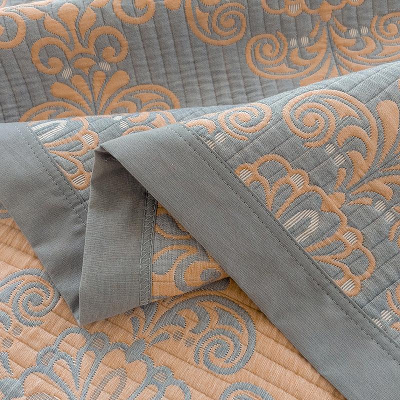 Grey and Green Cotton Three-Layer Gauze Bed Cover Set - Reversible Vintage Printed Blanket with Two Pillowcases for Year-Round Use(200*230cm)