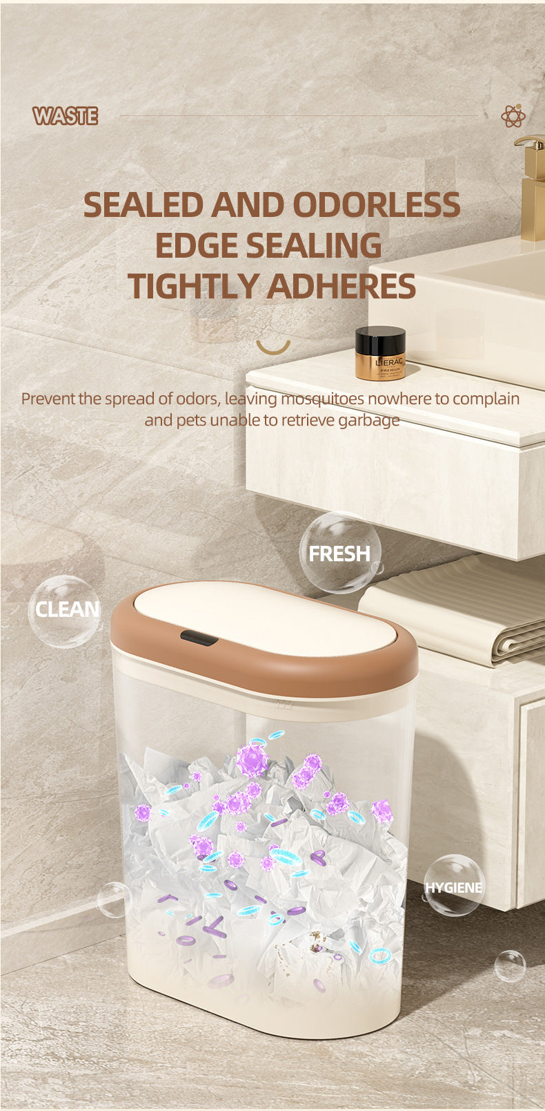 Beige and Brown Smart Sensor Trash Can – 15L Capacity, Compact Design for Home Use with Automatic Induction Opening(Three sensor modes)