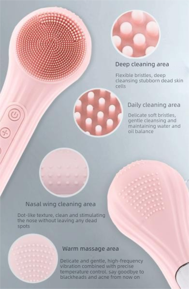 Pink Multi-Functional Silicone Facial Cleansing Brush – Ultrasonic & Heat Infusion Beauty Device