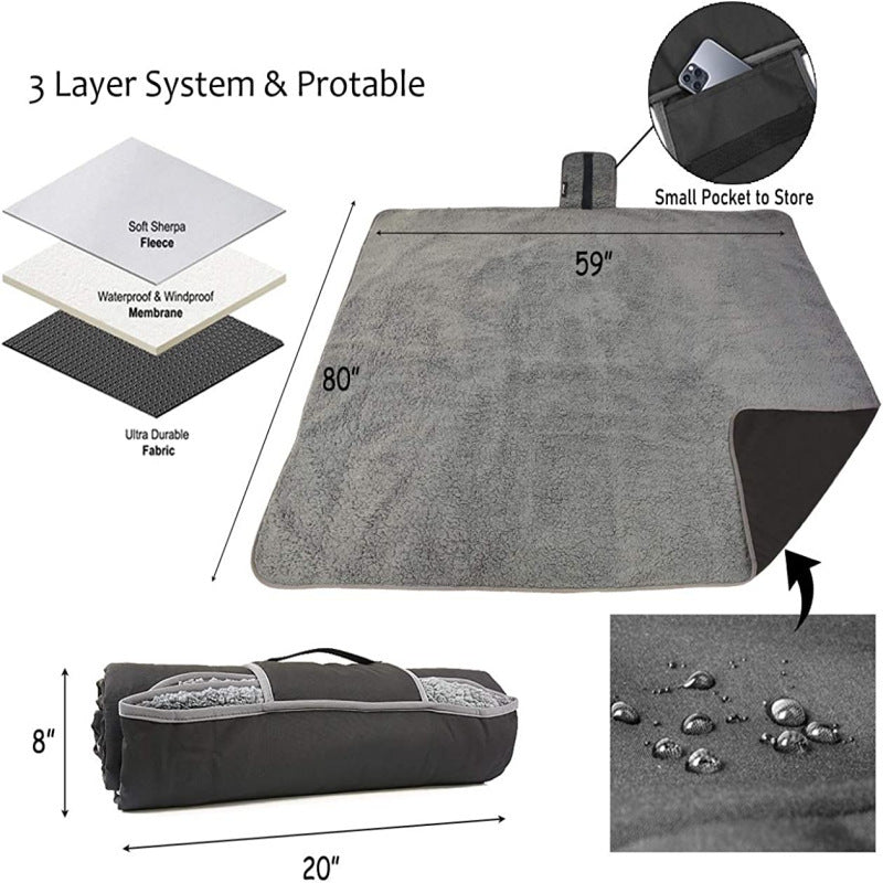 Black and Grey 3-Layer Waterproof Outdoor Blanket – Portable, All-Weather Picnic & Camping Mat with Storage Pocket