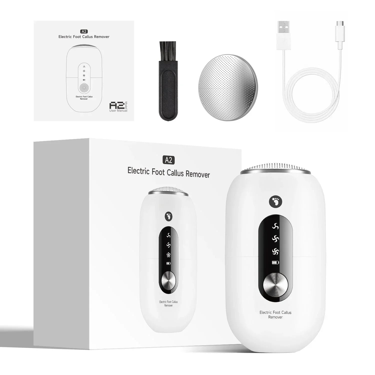 White 2-in-1 Electric Foot Care Device – Cordless Callus Remover & Skin Polisher with Dual Heads