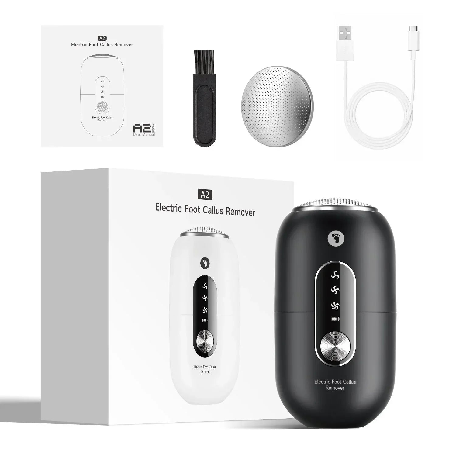 Black 2-in-1 Electric Foot Care Device – Cordless Callus Remover & Skin Polisher with Dual Heads