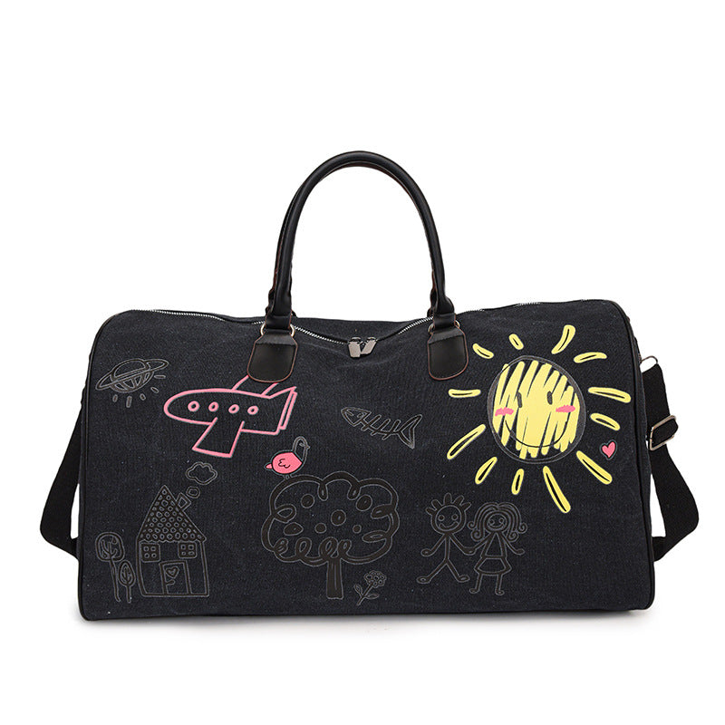 Large Capacity Canvas Travel Duffel Bag with Doodle Print - Weekend & Gym Tote(black)