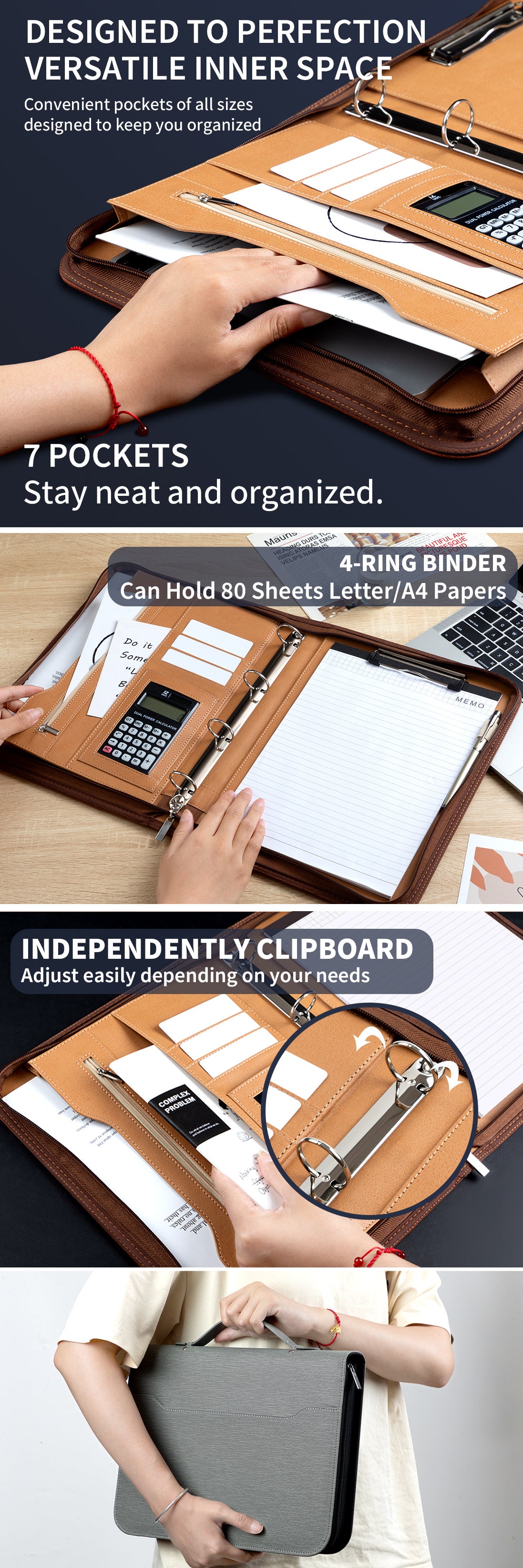 Professional PU Leather A4 Portfolio Binder with Zipper, Handle, Calculator & Clipboard(black)