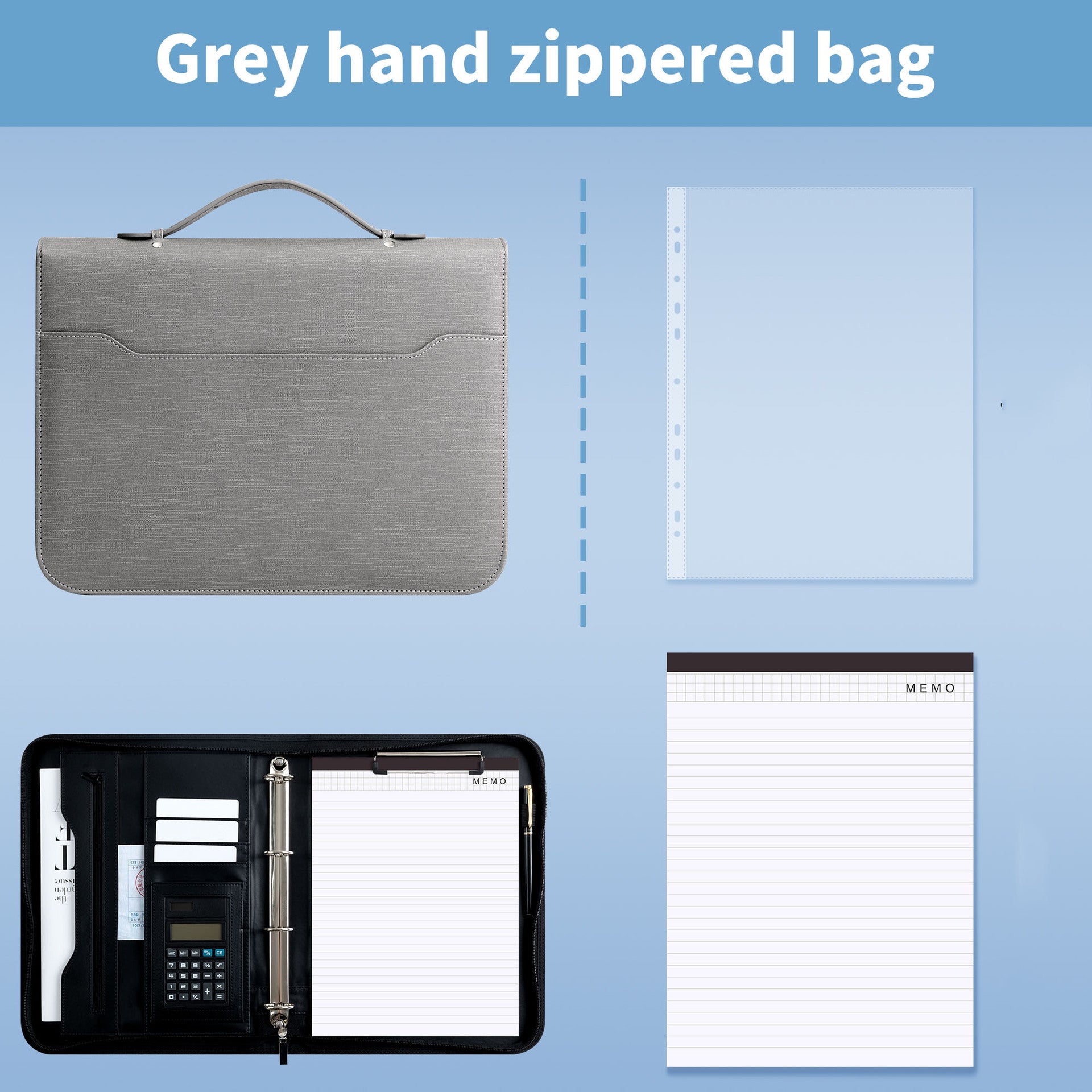 Professional PU Leather A4 Portfolio Binder with Zipper, Handle, Calculator & Clipboard(grey)