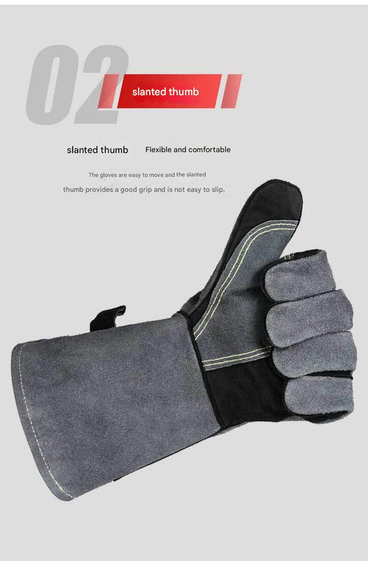 Heavy-Duty Leather Heat Resistant Gloves - 500°C BBQ, Welding & Oven Mitts with Long Cuffs(Grey With bottle opener)