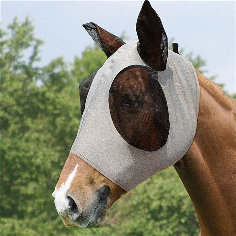 Grey 2-PCS Breathable Horse Fly Mask Set - Equestrian Fly Veils with Ears for Insect Control and Comfort