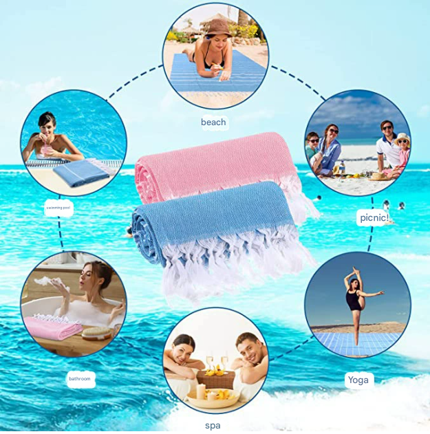 Green Chic Striped 100% Cotton Beach Towel with Tassels - Extra Large & Absorbent (180x90cm)