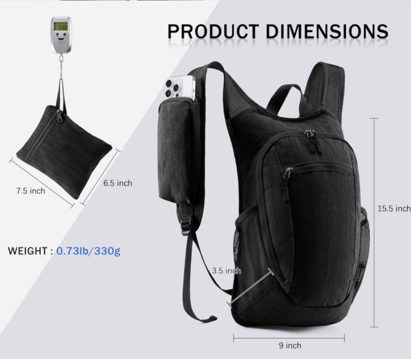 Grey Ultra-Lightweight Packable Backpack (10L) - Foldable Daypack for Travel, Hiking & Sports