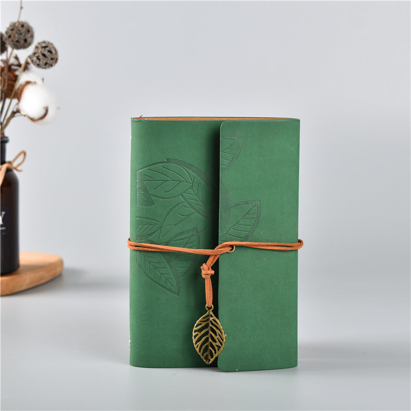 2PCS Green Vintage A5 PU Leather Journal with Leaf Charm - Ring Bound Refillable Notebook Set