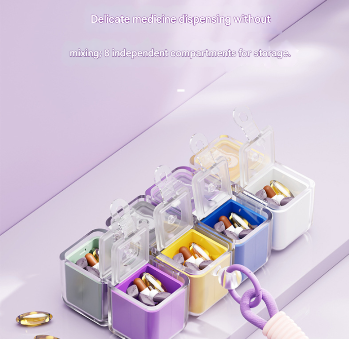 Multicolor 8-Grid Magic Cube Pill Box with Lanyard - Portable Weekly Sealed Tablet Organizer & Dispenser