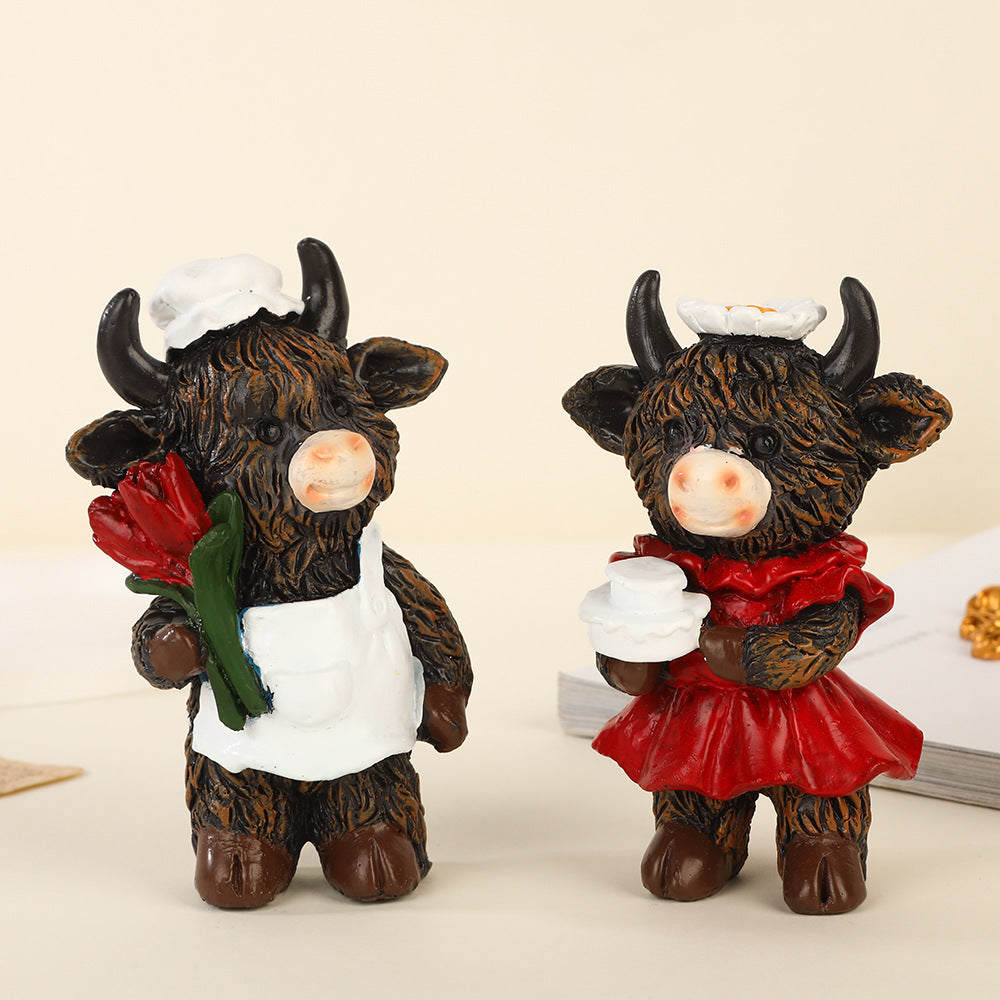 Cute Ox Figurine Decor - Rose Flower Bull Desktop Ornament, Zodiac Craft Gift for Girlfriend & Friends