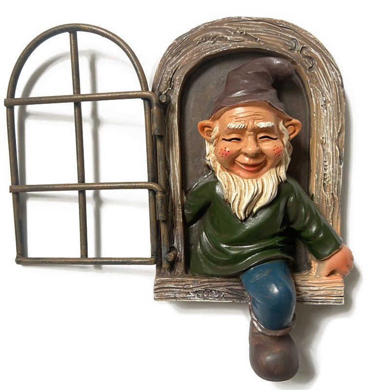 Green-clad White-bearded Old Man Climbing Window Gnome Figurine - Resin Craft Ornament, Garden Cartoon Statue Decoration
