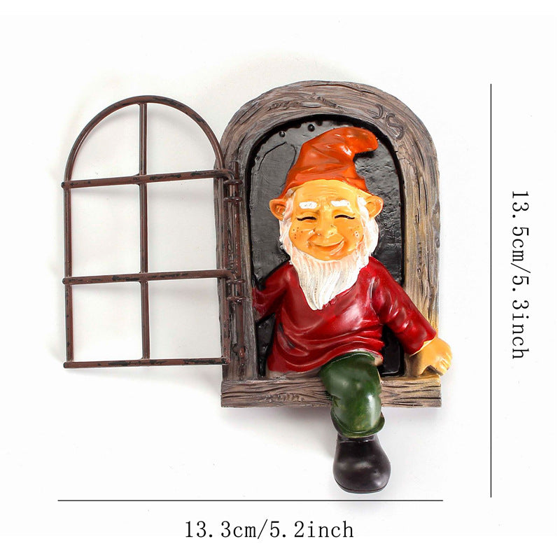 Red-clad White-bearded Old Man Climbing Window Gnome Figurine - Resin Craft Ornament, Garden Cartoon Statue Decoration