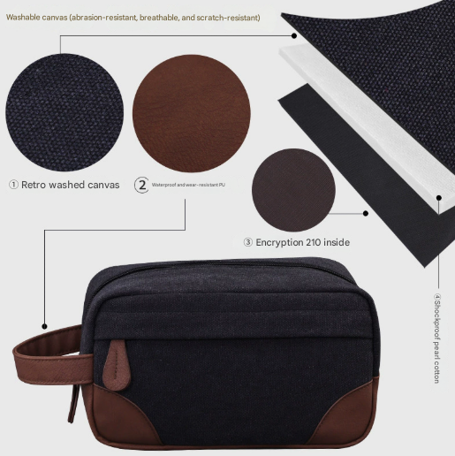 Grey Men's Vintage Canvas Toiletry Bag PU Leather Accent Travel Wash Pouch Large Capacity Shaving Kit Organiser