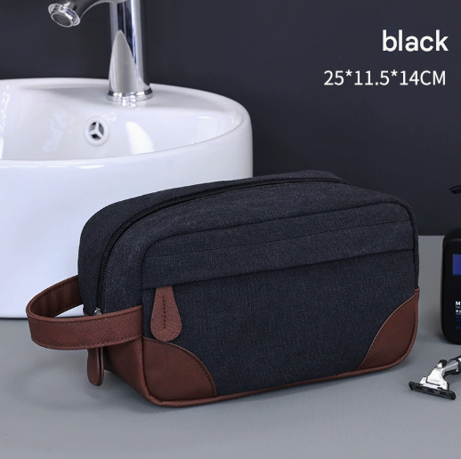 Black Men's Vintage Canvas Toiletry Bag PU Leather Accent Travel Wash Pouch Large Capacity Shaving Kit Organiser