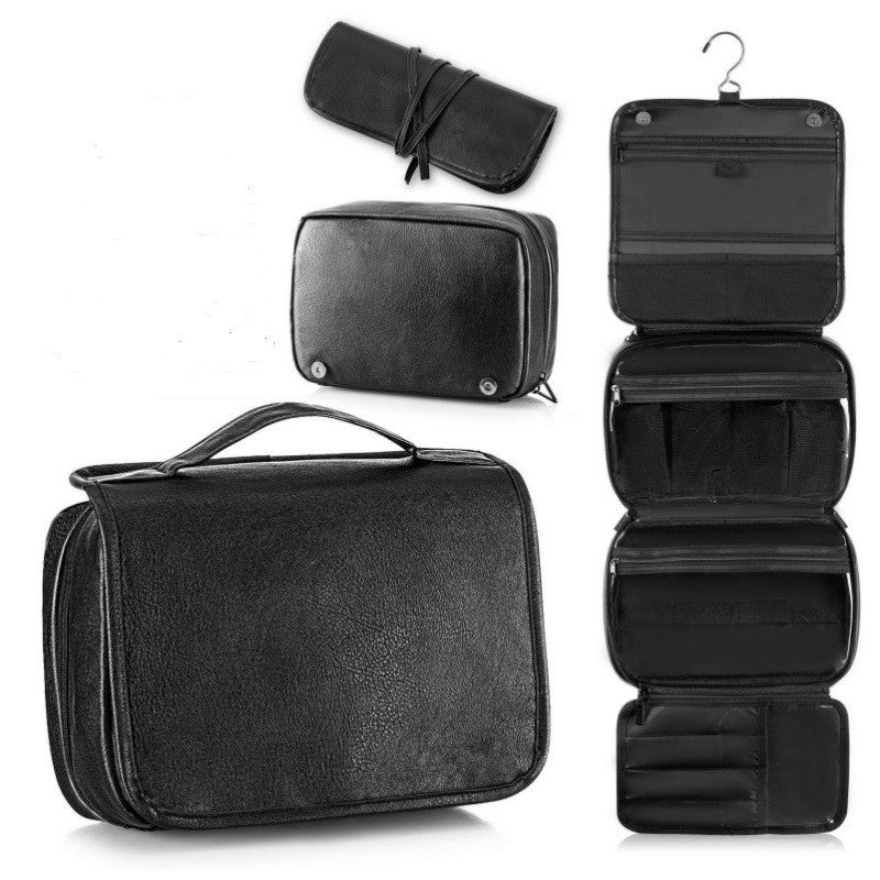 Black Large Hanging Toiletry Bag Waterproof Leather Travel Organiser 4 Compartment Cosmetic Case with Swivel Hook Ideal for Holidays