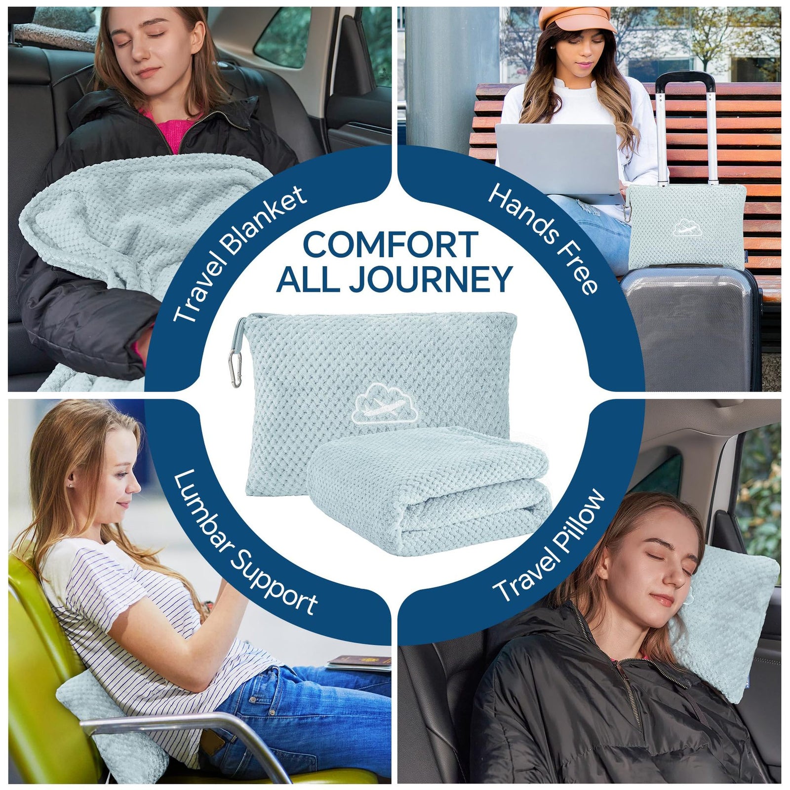 Black 2-in-1 Premium Travel Blanket and Pillow Soft Fleece Airplane Throw 165cm x 100cm Foldable Cushion with Luggage Clip Ideal for Flights and Road Trips