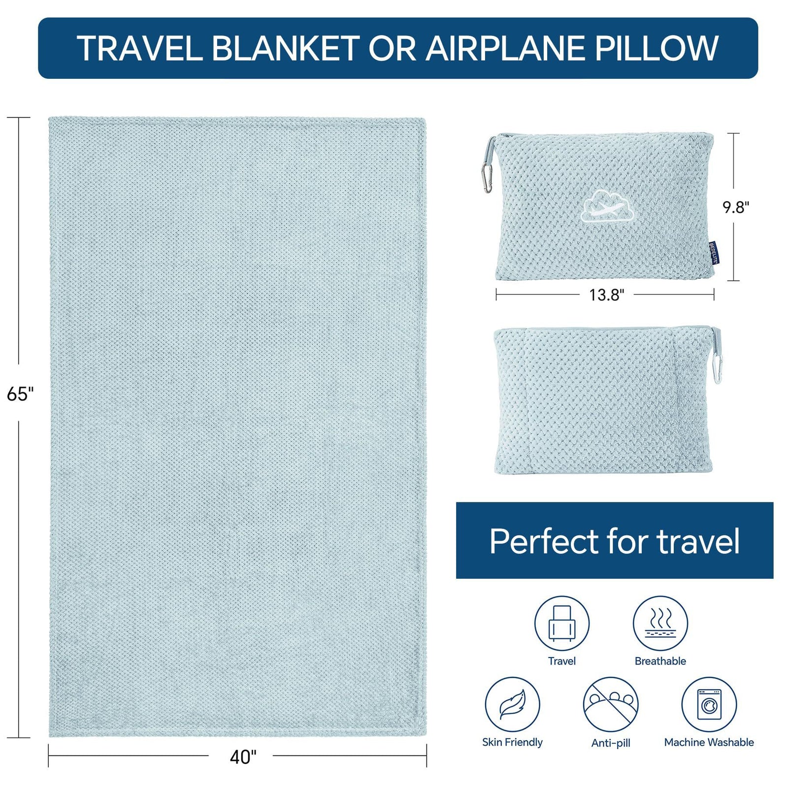 Grey 2-in-1 Premium Travel Blanket and Pillow Soft Fleece Airplane Throw 165cm x 100cm Foldable Cushion with Luggage Clip Ideal for Flights and Road Trips