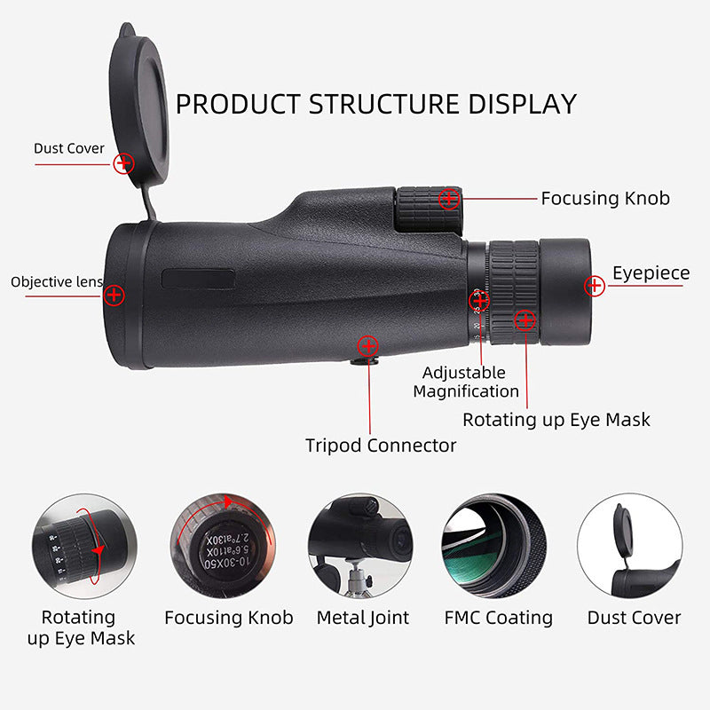 10-30X50 High Power Zoom Monocular Telescope Set with Smartphone Holder and Tripod Waterproof HD Spotting Scope for Bird Watching Camping and Concerts