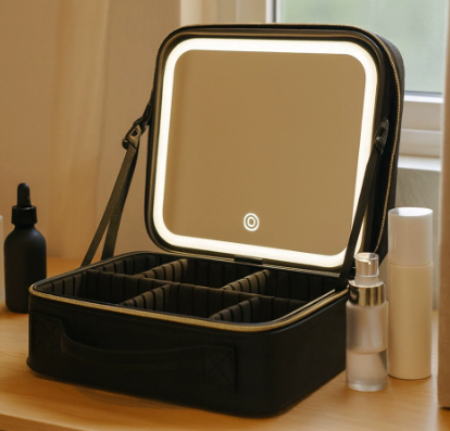 Portable Makeup Case with LED Light Mirror Travel Cosmetic Bag Organiser Adjustable Dividers Large Capacity Vanity Box for Women