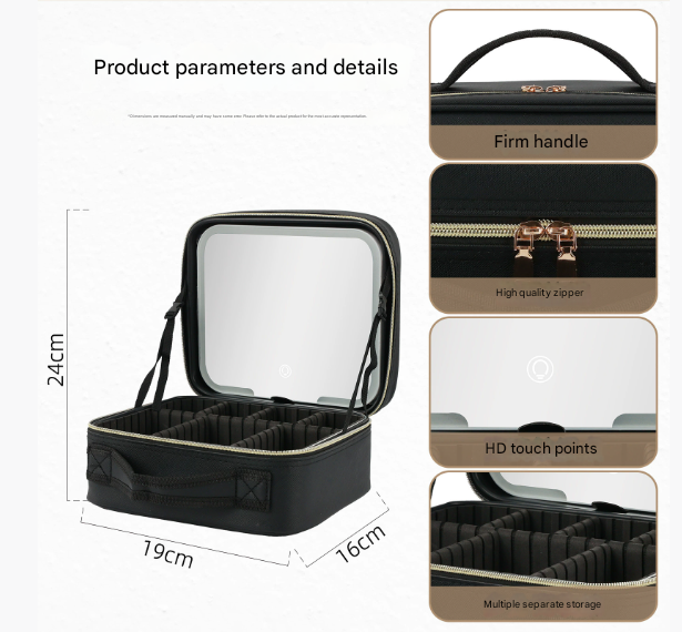 Portable Makeup Case with LED Light Mirror Travel Cosmetic Bag Organiser Adjustable Dividers Large Capacity Vanity Box for Women
