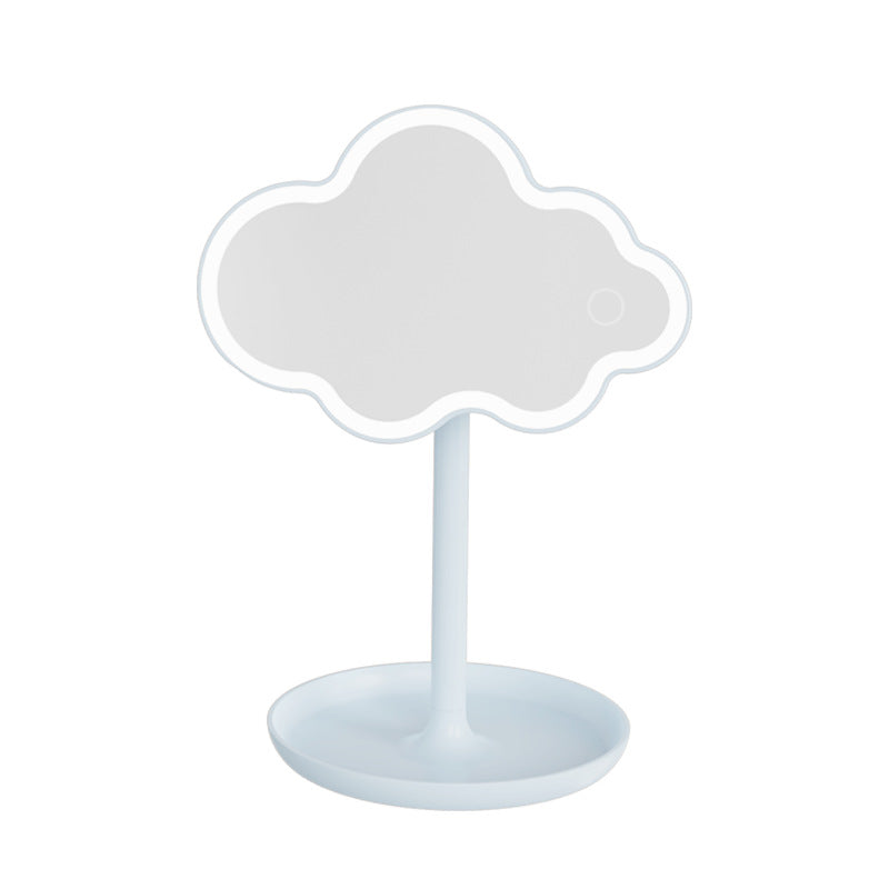 Blue Cute Cloud Shaped LED Makeup Mirror Desktop Vanity Light with Storage Tray 360 Rotation Cordless Cosmetic Beauty Tool