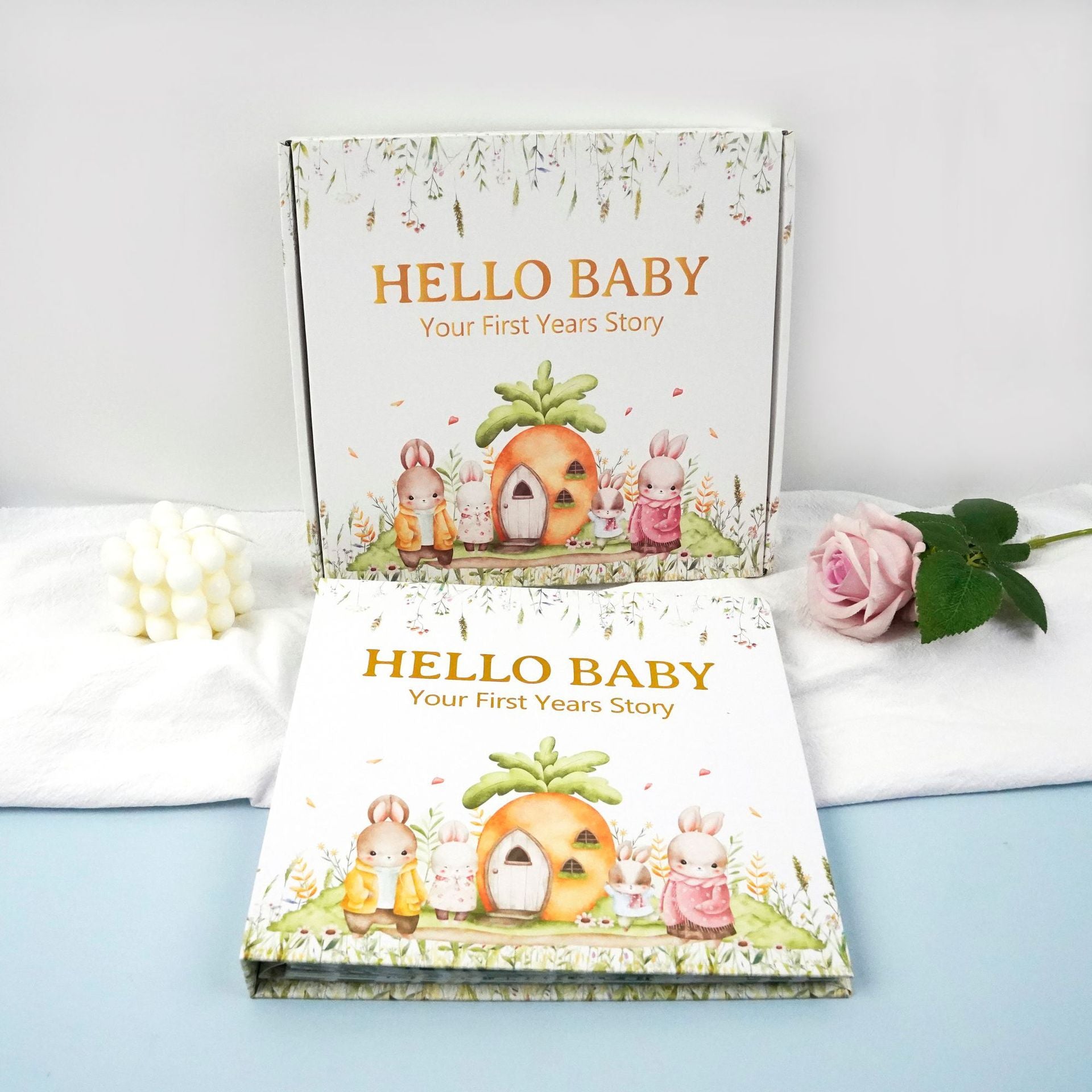 Bunny Printed Ba Memory Book with Gift Box Hardcover Milestone Journal Your First Years Story Cute Bunny Theme for Boys Girls Pregnancy to Toddler Keepsake