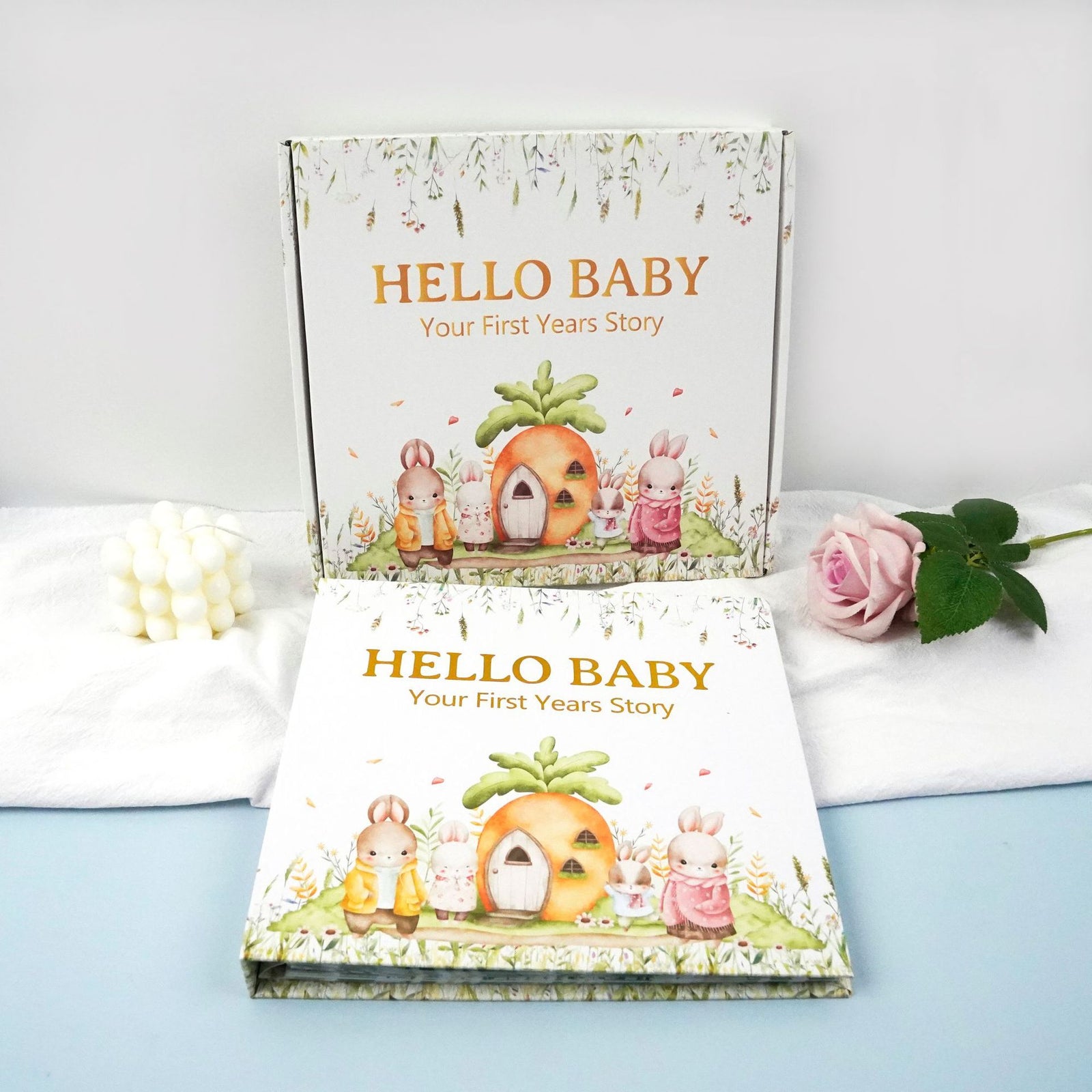 Bunny Printed Ba Memory Book with Gift Box Hardcover Milestone Journal Your First Years Story Cute Bunny Theme for Boys Girls Pregnancy to Toddler Keepsake