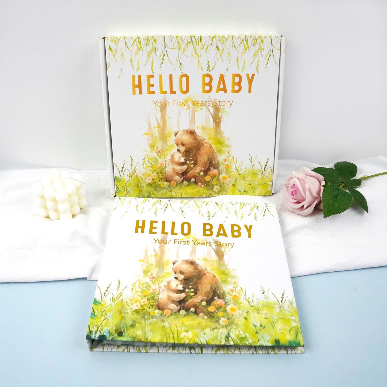 Little Bear Cub Printed Ba Memory Book with Gift Box Hardcover Milestone Journal Your First Years Story Cute Bunny Theme for Boys Girls Pregnancy to Toddler Keepsake
