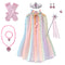 Pink Girls Rainbow Princess Costume Cape Set with Tiara Wand Gloves and Jewellery Sequin Star Tulle Cloak for Book Week and Dress Up