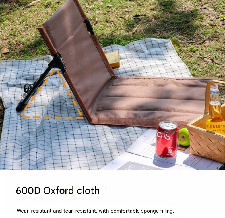 Brown Portable Outdoor Ground Chair with Back Support Folding Beach Mat Seat Lightweight Aluminium Frame for Camping Festivals and Picnics