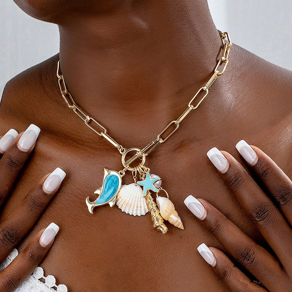 Gold Tone Paperclip Chain Toggle Necklace with Ocean Charms Dolphin Starfish and Seashell Pendant for Summer Beach Holiday