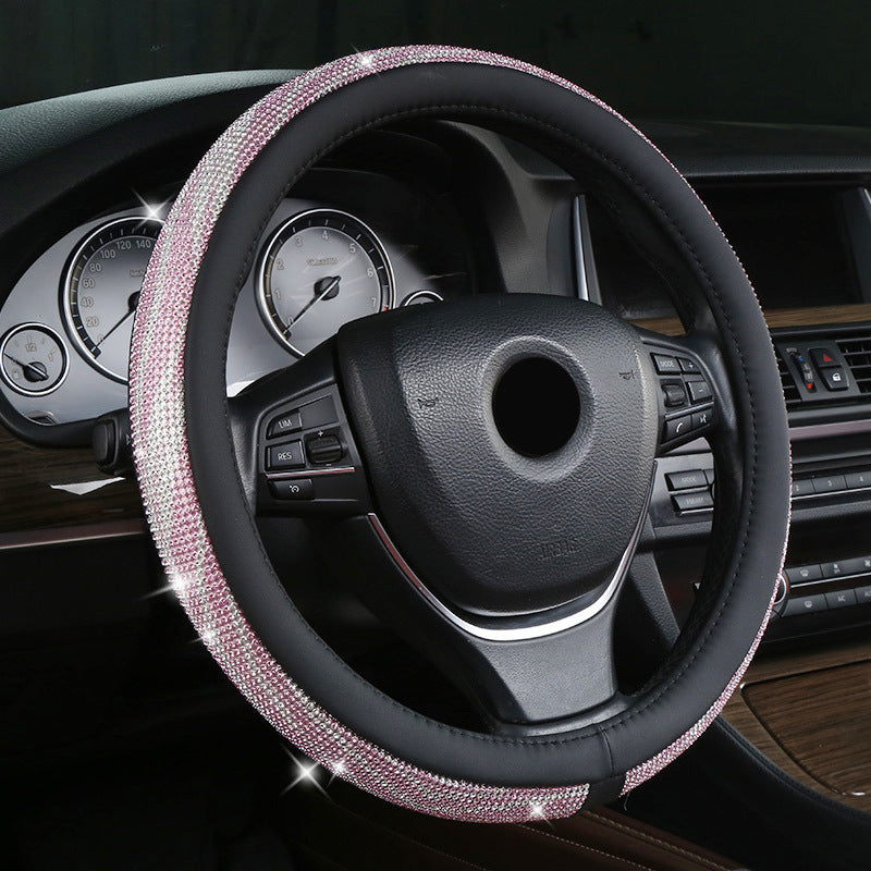 Pink-black Bling Crystal Steering Wheel Cover 38cm Universal Fit Rhinestone Car Accessories for Women - Non-Slip Diamond Protector for Standard 15 Inch Wheels