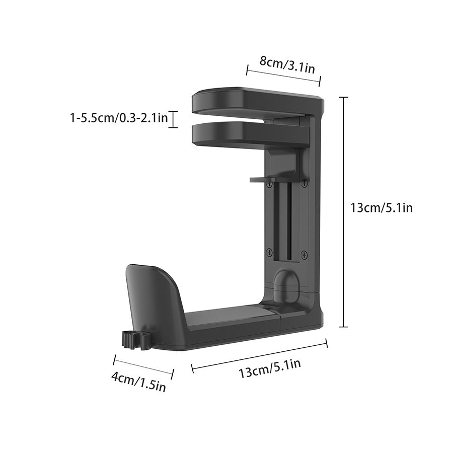 Black Under Desk Headphone Hanger Clamp 360 Degree Rotating - Adjustable Headset Holder Hook with Cable Organiser for Home Office & Gaming Setup (Fits 1-5.5cm Desks)
