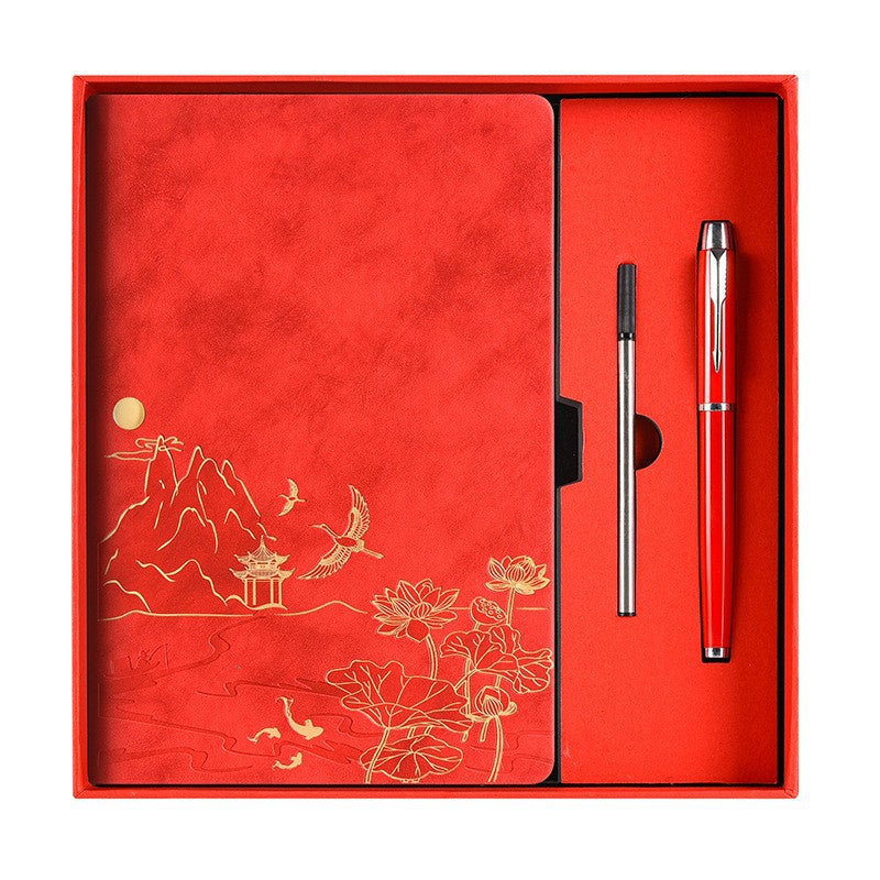 Red A5 Premium Notebook Gift Set with Pen - Red PU Leather Journal with Gold Oriental Art - 200 Pages Business Diary & Corporate Gift Box (Lotus & Crane Design)