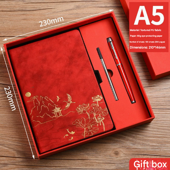 Red A5 Premium Notebook Gift Set with Pen - Red PU Leather Journal with Gold Oriental Art - 200 Pages Business Diary & Corporate Gift Box (Lotus & Crane Design)