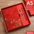 Red A5 Premium Notebook Gift Set with Pen - Red PU Leather Journal with Gold Oriental Art - 200 Pages Business Diary & Corporate Gift Box (Lotus & Crane Design)