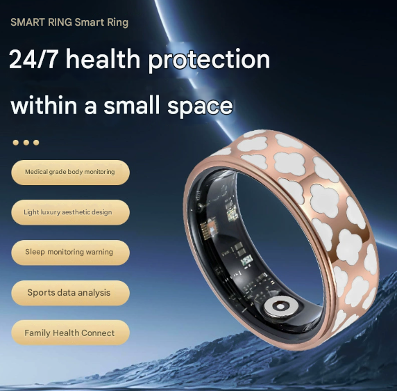6# Striped Gold Smart Health Ring Tracker with Wireless Charging Case - Titanium Steel Fitness Wearable for Heart Rate, Sleep & Blood Oxygen Monitoring - Waterproof Wellness Device
