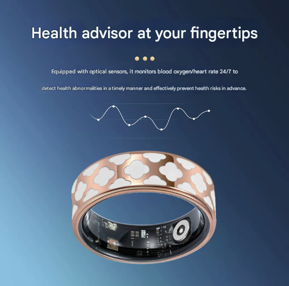 7# Striped Gold Smart Health Ring Tracker with Wireless Charging Case - Titanium Steel Fitness Wearable for Heart Rate, Sleep & Blood Oxygen Monitoring - Waterproof Wellness Device