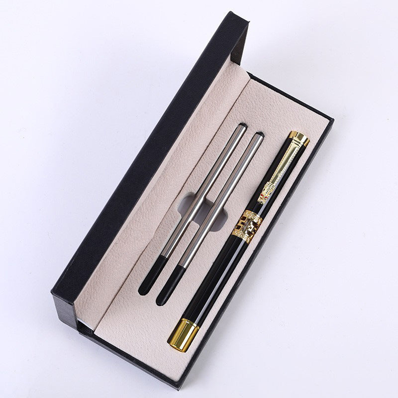 Black Two-piece Set Luxury Retro Dragon Head Signature Pen Gift Set - Full Metal 0.5mm Rollerball Each Set with 2 Spare Refills for Business and Gifting